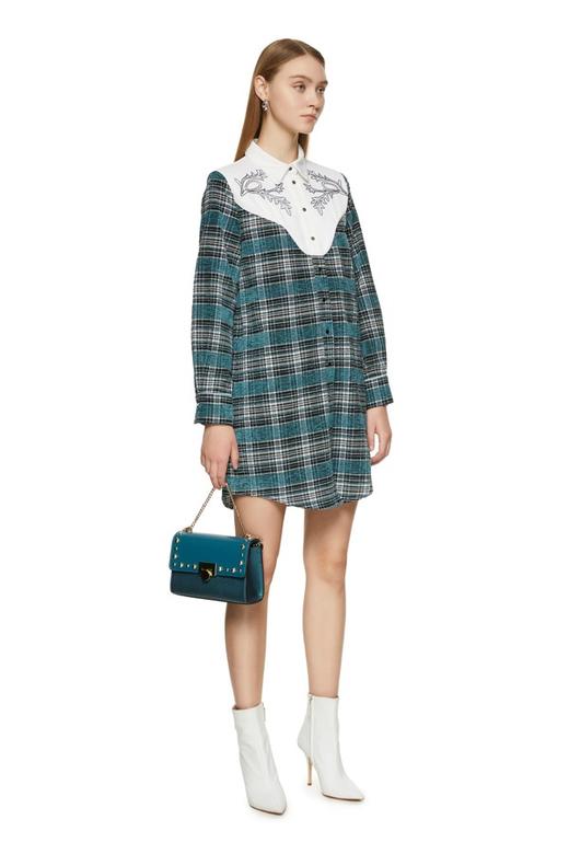 SUMMER & SAGE 格纹拼接刺绣衬衫裙 8597 商品图1