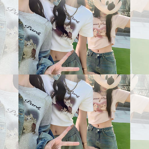 正肩短袖t恤女夏季新款粉色别致小个子短款高级感韩系上衣 商品图2