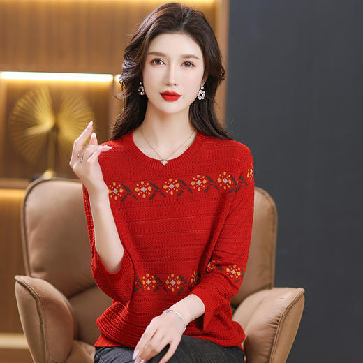 七分袖针织衫，女薄款大码上衣妈妈春装镂空时尚洋气小衫春秋打底衫CC-13-3028 商品图1