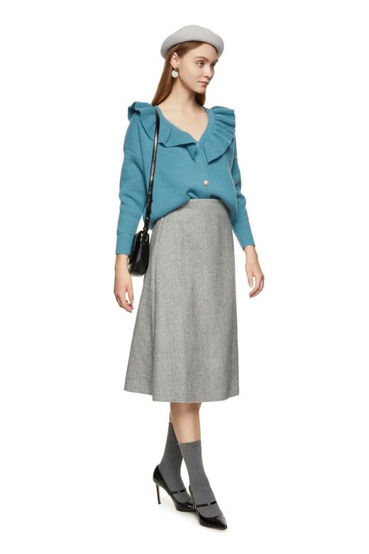 AVA 孔雀蓝木耳边V领毛衫 8470 商品图1