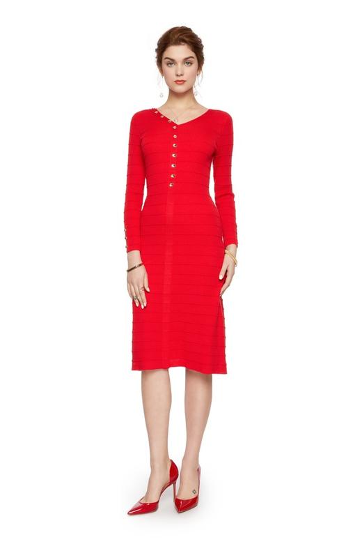 SUMMER & SAGE 红色扣饰针织修身连衣裙 4912 商品图0