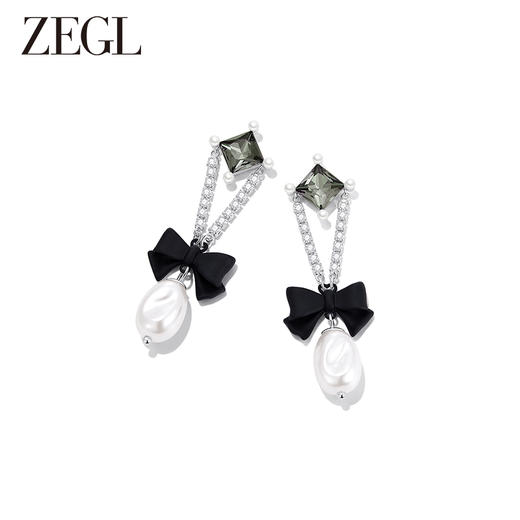 ZEGL设计师黑公主系列蝴蝶结人造珍珠耳环女复古耳钉925银针耳饰 商品图1