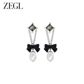 ZEGL设计师黑公主系列蝴蝶结人造珍珠耳环女复古耳钉925银针耳饰
