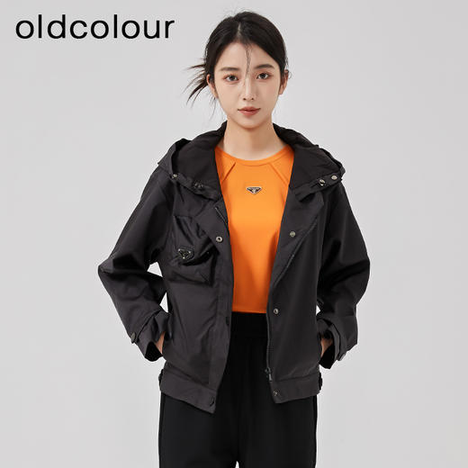 oldcolour2023春季新款黑色简约连帽抽绳宽松显瘦外套女O11041160 商品图3