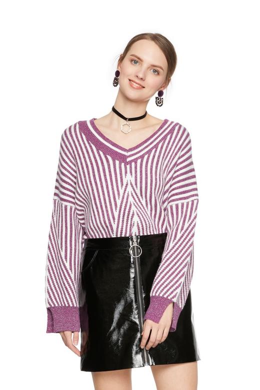 EVA OUXIU伊华欧秀 拼色条纹V领毛衣 6106 商品图0