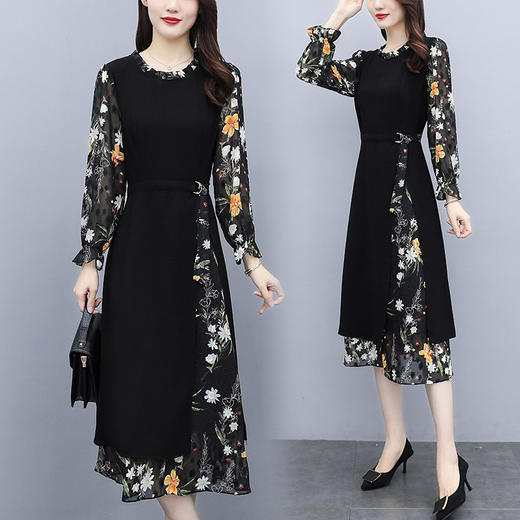 收腰显瘦气质印花中长款A字裙子雪纺连衣裙AHM-mfdm2716 商品图0