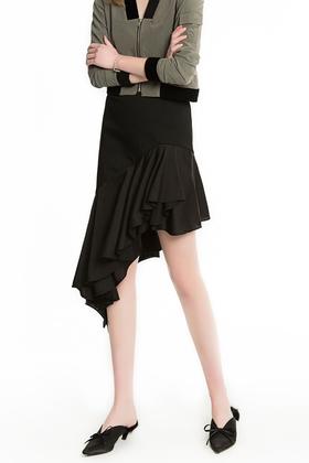 OCHIRLY欧时力 不对称荷叶边黑色半裙 1299