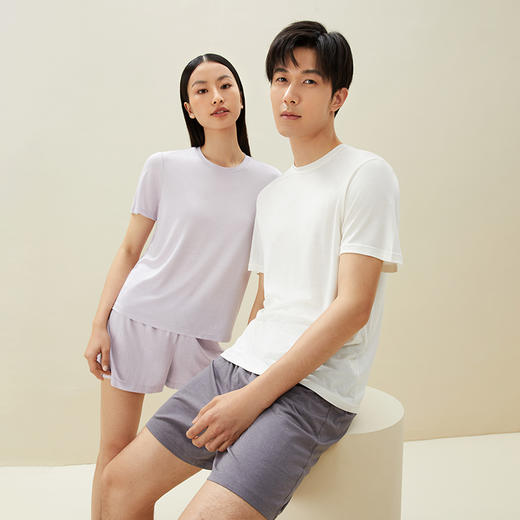 金三塔100%桑蚕丝真丝针织情侣舒适裸感T恤短裤睡衣可外穿家居服 商品图1