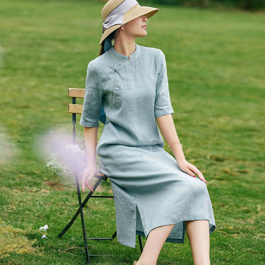 文艺绣花立领侧开叉，改良旗袍亚麻连衣裙YM-C009 商品图1