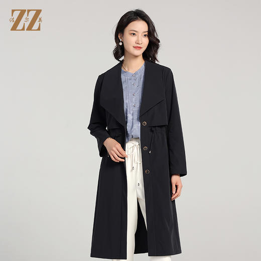 佐尔美2023春秋新款 气质百搭腰带松紧腰单排扣长风衣女E01FC03 商品图2