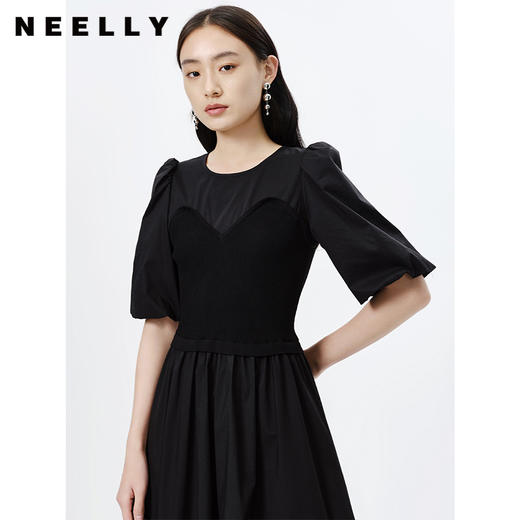 NEELLY纳俪商场同款圆领春季黑色法式连衣裙女针织拼接A字大摆裙N23031Y01153 商品图2