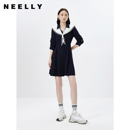 NEELLY纳俪商场同款学院海军领连衣裙女七分袖气质收腰中长款裙子N23031Y0115270602 商品图1