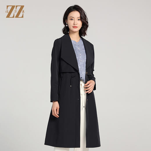 佐尔美2023春秋新款 气质百搭腰带松紧腰单排扣长风衣女E01FC03 商品图0