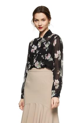 ANSUABEL 黑色半透印花系带上衣 8906