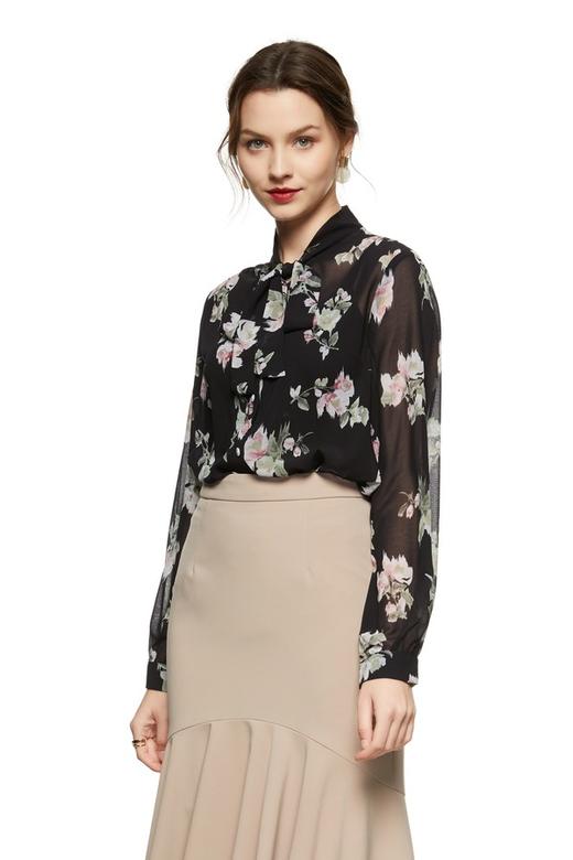 ANSUABEL 黑色半透印花系带上衣 8906 商品图0