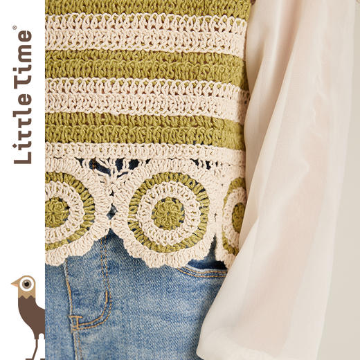 littletime女童法式文艺长袖衬衫2023春秋新款针织钩针衬衫上衣 商品图1