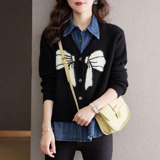 牛仔拼接针织开衫，女春款新款洋气减龄撞色毛衣外套假两件上衣CC-22-5209 商品图1