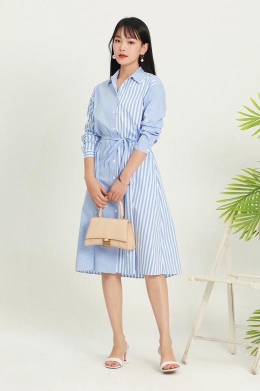 SUMMER & SAGE 蓝色条纹束腰衬衫裙 5915 商品图0