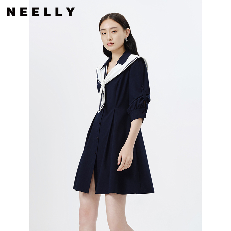 NEELLY纳俪商场同款学院海军领连衣裙女七分袖气质收腰中长款裙子N23031Y0115270602