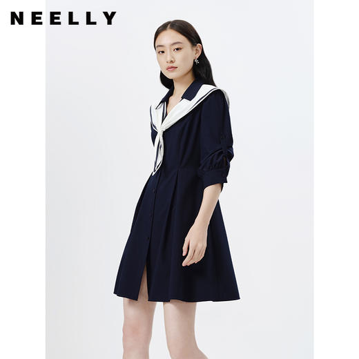 NEELLY纳俪商场同款学院海军领连衣裙女七分袖气质收腰中长款裙子N23031Y0115270602 商品图0