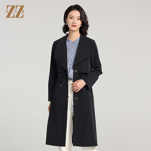 佐尔美2023春秋新款 气质百搭腰带松紧腰单排扣长风衣女E01FC03 商品图3