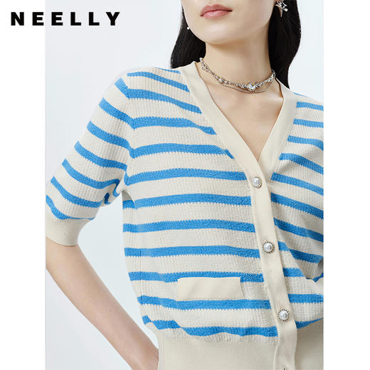 NEELLY纳俪商场同款气质V领短袖条纹针织衫女单排扣套头毛衣开衫N23031A01142 商品图2