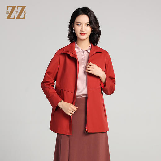 佐尔美2023春季新款 经典简约气质红色绿色短风衣女E23FD09 商品图0