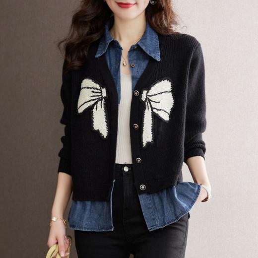 牛仔拼接针织开衫，女春款新款洋气减龄撞色毛衣外套假两件上衣CC-22-5209 商品图2