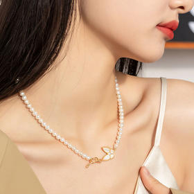 【母亲节礼物】六鑫珠宝 天然贝母蝴蝶OT扣显瘦淡水珍珠项链