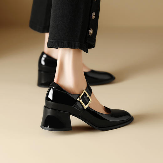 春季新款，小香风牛漆皮圆头中跟单鞋肥脚TZ-124 商品图9