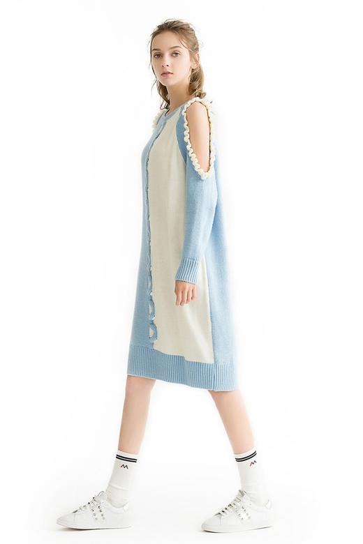 JUNNE 蓝白撞色露肩针织连衣裙 1135 商品图1