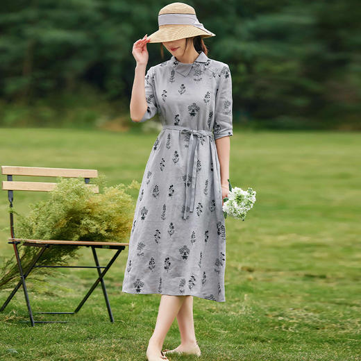 文艺绣花亚麻连衣裙，纯色翻领中国风盘扣长裙YM-S363 商品图0