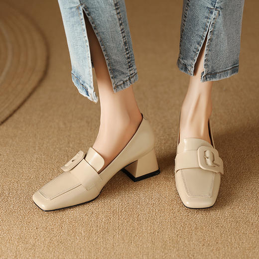 春季新款，开边珠牛皮方头中跟深口单鞋TZ-130 商品图1