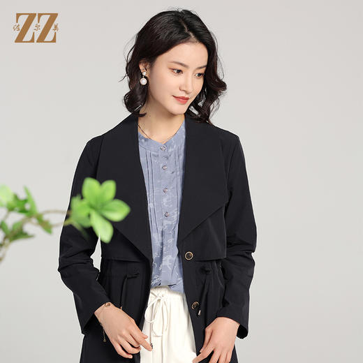 佐尔美2023春秋新款 气质百搭腰带松紧腰单排扣长风衣女E01FC03 商品图1