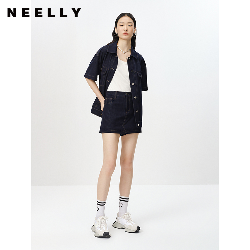 NEELLY纳俪商场同款春季短袖牛仔外套女单排扣休闲上衣韩版时尚N23031C01147