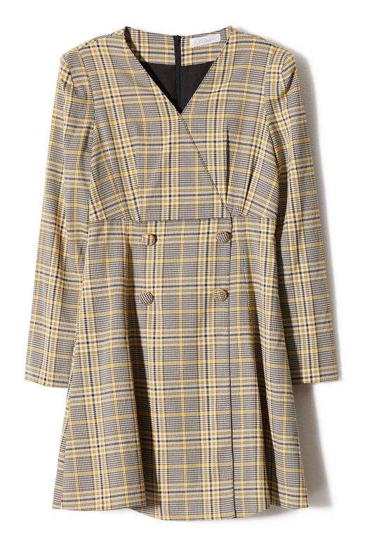 L.Fleuri 黄色格纹V领连衣裙 8720 商品图4