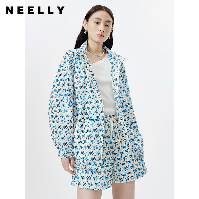 NEELLY纳俪商场同款春季新款字母印花短外套女宽松休闲连帽上衣N23031C01149