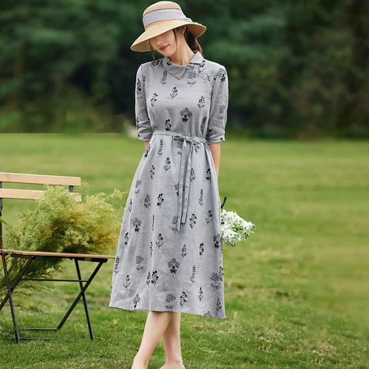 文艺绣花亚麻连衣裙，纯色翻领中国风盘扣长裙YM-S363 商品图2