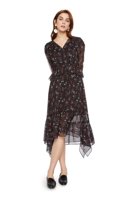 SUMMER & SAGE 花朵饰不规则V领连衣裙 5595 商品图0