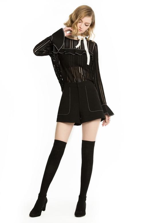 ROSEHOO 黑色荷叶边镂空上衣 1148 商品图4