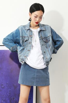 URBAN REVIVO 灯芯绒拼接牛仔外套 5186