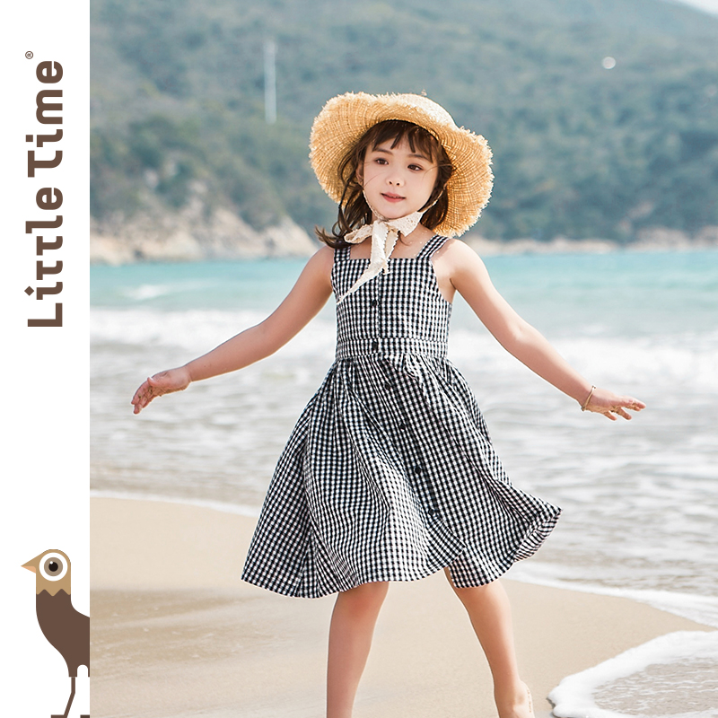 littletime童装春夏黑白女童亲子款复古格子洋气吊带裙连衣裙