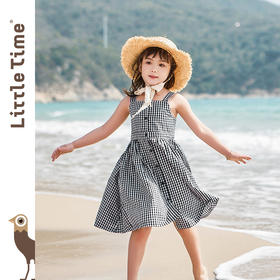 littletime童装春夏黑白女童亲子款复古格子洋气吊带裙连衣裙