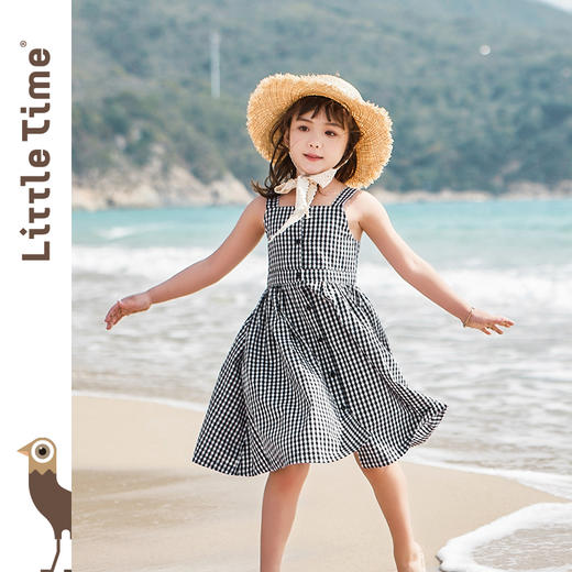 littletime童装春夏黑白女童亲子款复古格子洋气吊带裙连衣裙 商品图0