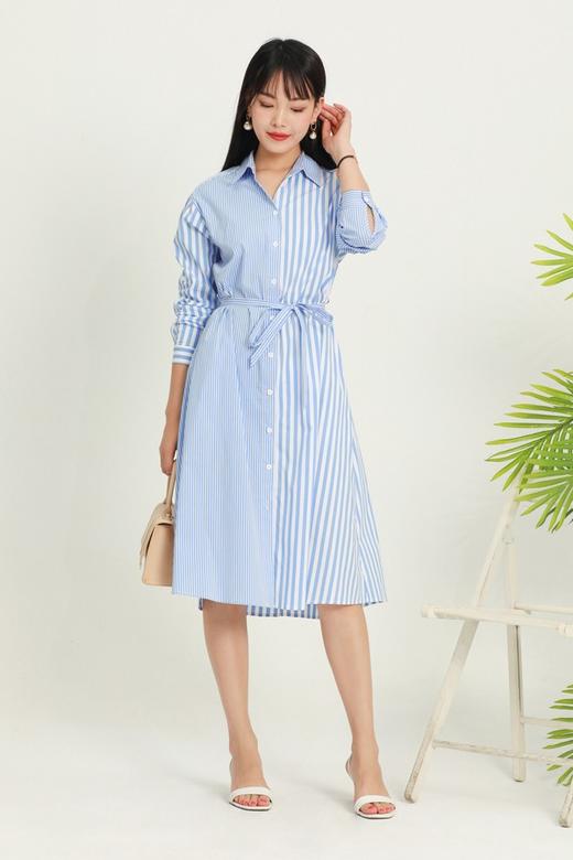 SUMMER & SAGE 蓝色条纹束腰衬衫裙 5915 商品图1