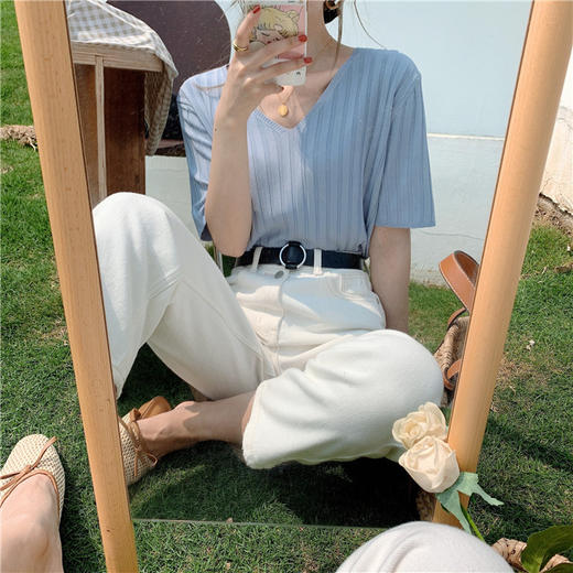 【冰丝短袖针织衫】鸡心领打底衫女夏内搭宽松糖果色抹茶绿上衣薄款冰丝短袖针织T恤-QQ 商品图2