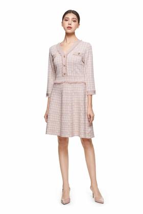 INSUN恩裳 千鸟格流苏边V领连衣裙 8818