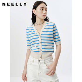 NEELLY纳俪商场同款气质V领短袖条纹针织衫女单排扣套头毛衣开衫N23031A01142