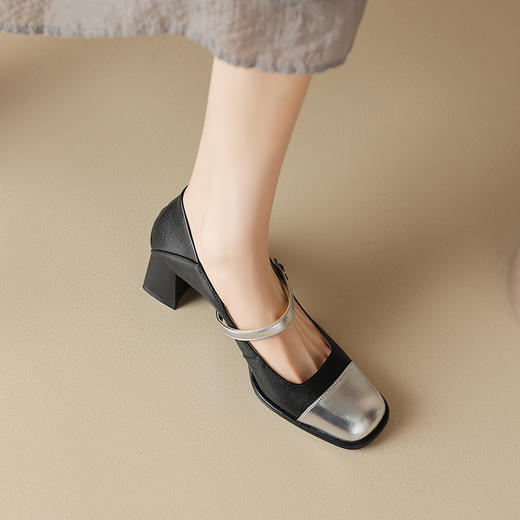 优雅百搭，真皮拼接平头浅口高跟单鞋WC-M7137 商品图3