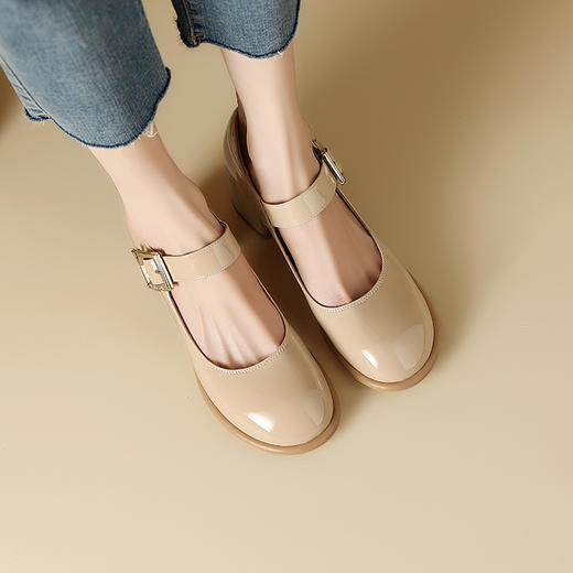 春季新款，小香风牛漆皮圆头中跟单鞋肥脚TZ-124 商品图3